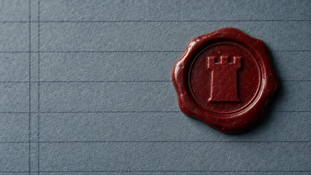 A red wax seal stamped with a tower, pressed onto ruled ledger paper.